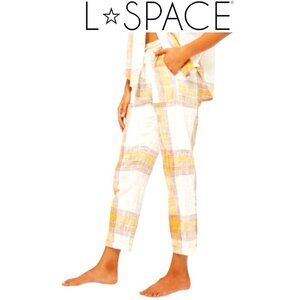 L*Space Cream Plaid Stretch-Waist Pants XS 100% Cotton Coastal Beach Casual